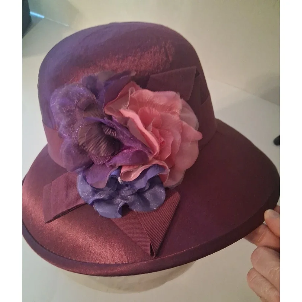 August Hat Co. Women's Burgundy Sheen Wedding Church Dress Hat with Flowers